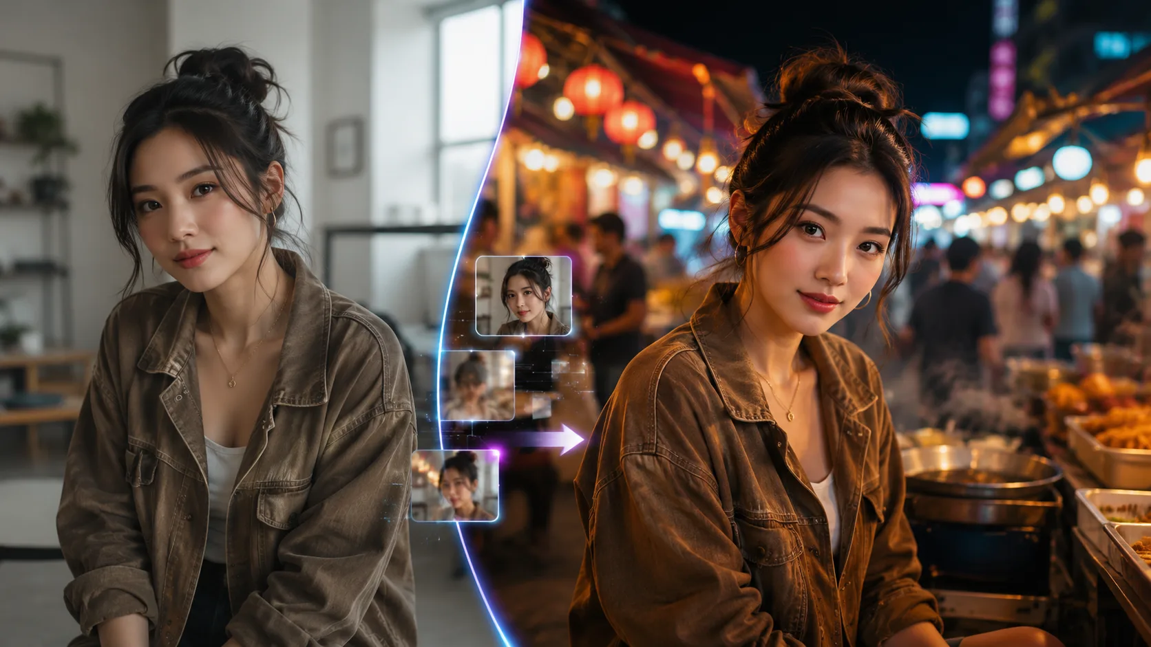 Krea2 Edit 인물 재스테이징: 실내 일광에서 야시장으로 동일한 유사성을 옮김